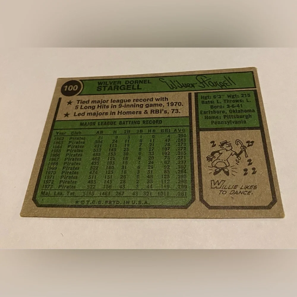 Willie Stargell 1974 Topps Baseball Card # 100 Pittsburgh Pirates Vintage
